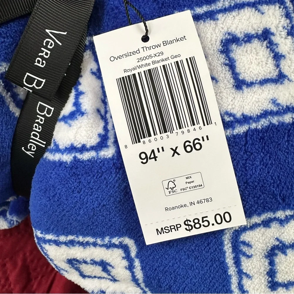 Vera Bradley Oversized Throw Royal Blue White Blanket Geo‎ Fleece 94” X 66” NWT
